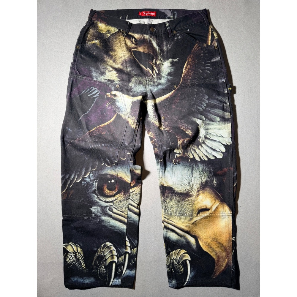 2021 Supreme Eagle Double Knee Painter Pants Mens 32 Black All Over Print